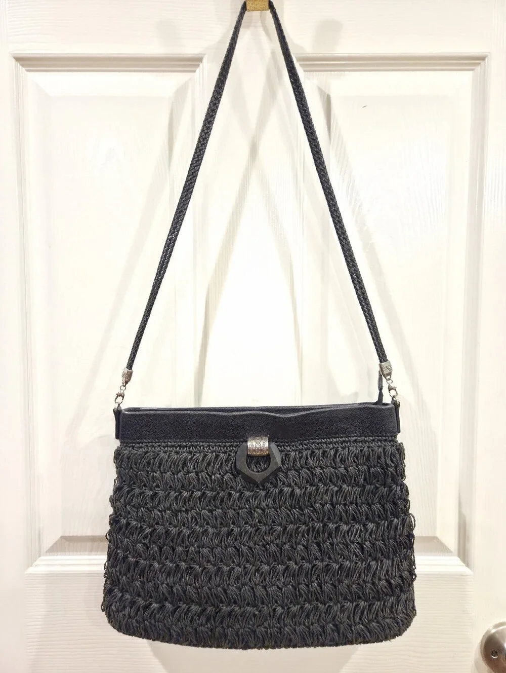 Brighton Black Woven Raffia Shoulder Bag With Silver Embellishment Leather Strap